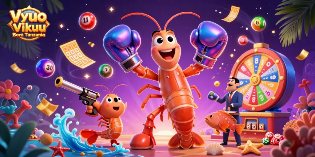 Experience exciting gaming adventures with Vyuo Vikuu Bora Tanzania in a vibrant 3D lottery scene.