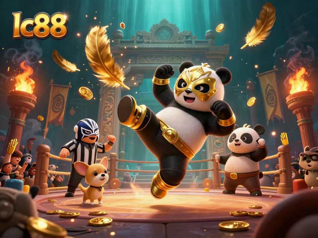 Experience thrilling lc88 casino action with a panda wrestler and chihuahua referee in a vibrant arena.