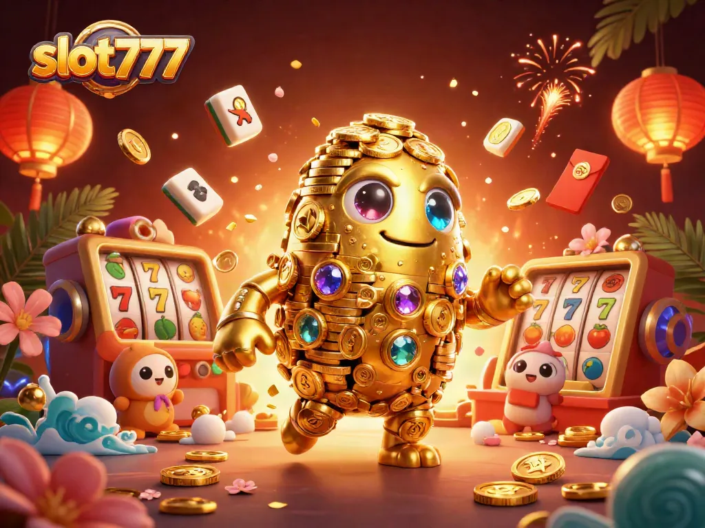 Bermain slot777 dengan simbol menarik dan petunjuk keberuntungan di dalam ilustrasi kasino 3D.