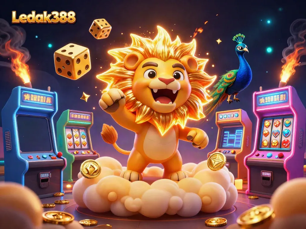 Experience the dynamic energy of Ledak388 with a roaring sun lion and golden dice in a vibrant casino scene.