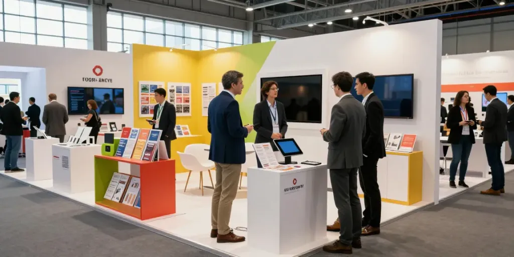 Custom Solutions Group's vibrant exhibition stand designs enhancing audience engagement at a busy convention.