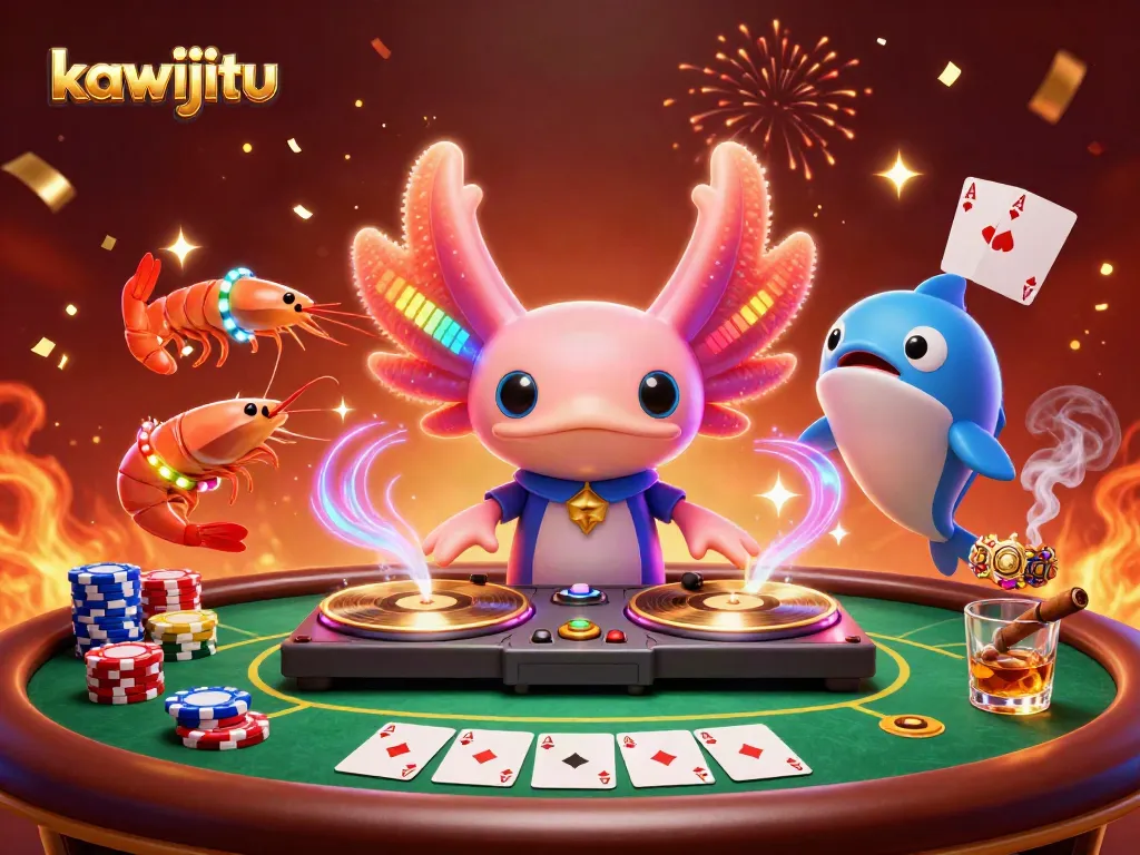 Kawijitu menghibur dengan DJ axolotl neon, ikan peniup, dan udang dalam atmosfer kasino yang bersemangat.
