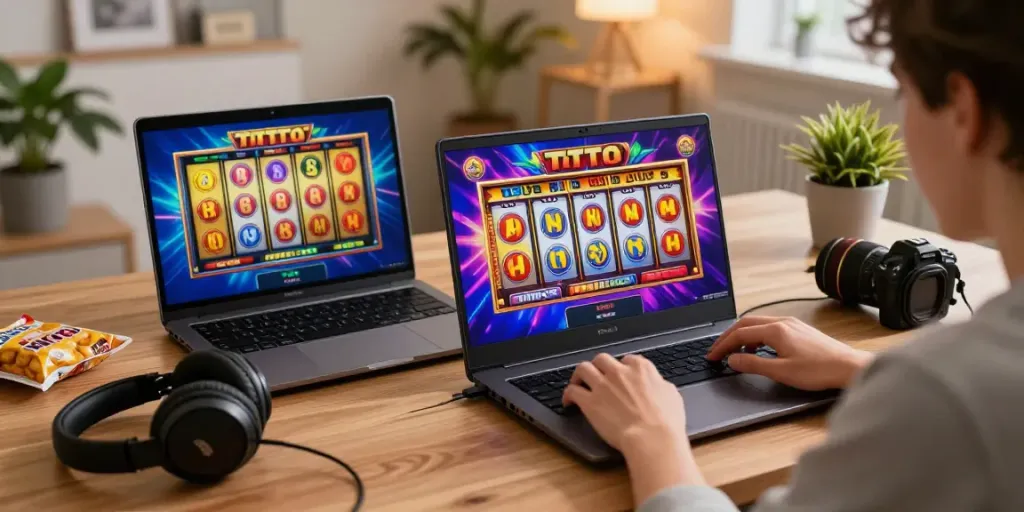 Engaged player enjoying toto slot online game on a laptop in cozy home setting.