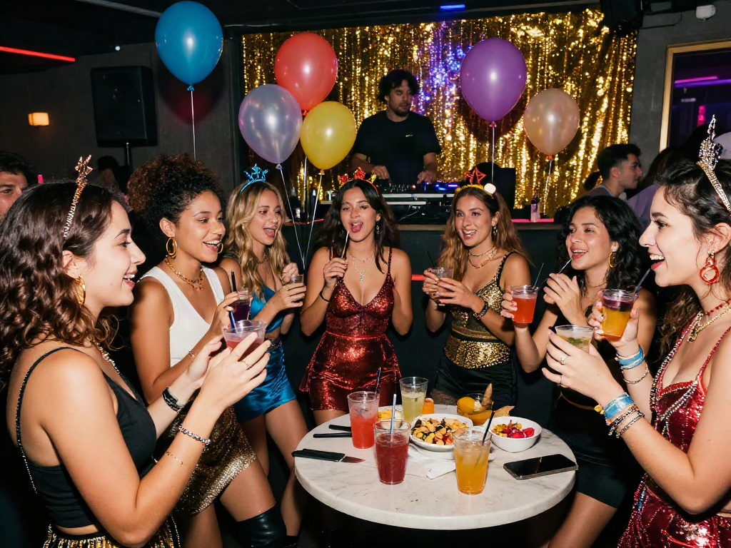 Celebrities look alike party scene with friends in glamorous outfits celebrating together
