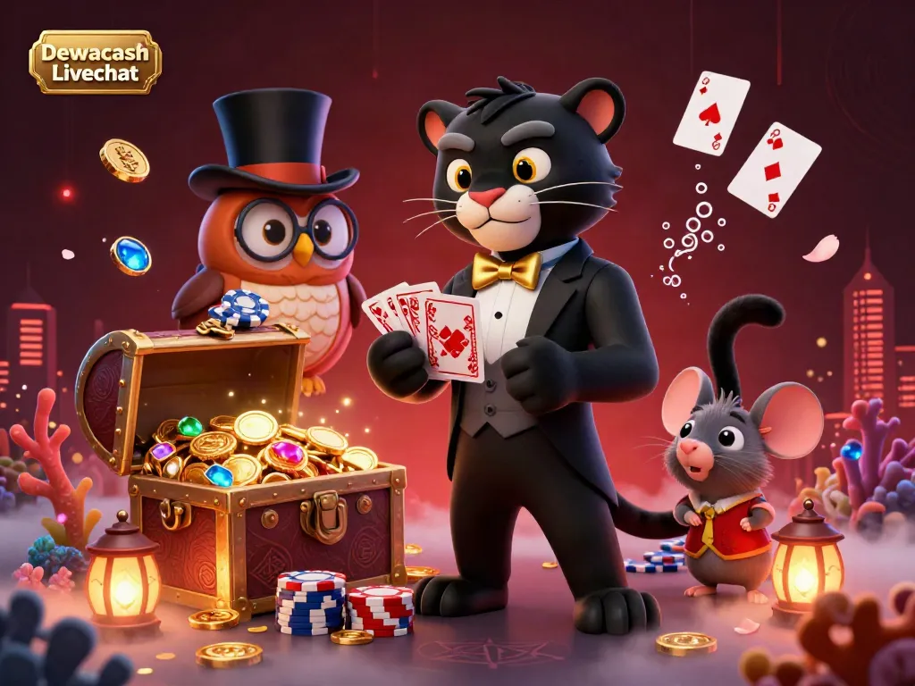 Experience the excitement of Dewacash Livechat with a stylish black panther dealer and engaging casino elements.