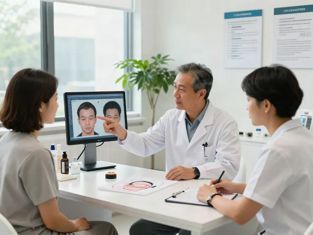 Hair Transplant consultation at a modern clinic with a doctor explaining FUE technique to a patient.