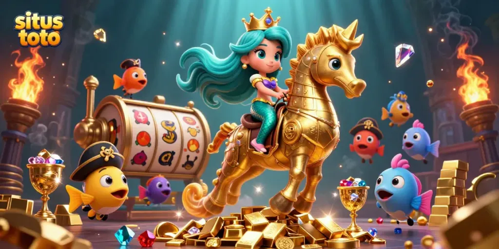 Experience the thrill of situs toto with vibrant 3D mermaid casino scene full of treasures and enchanting characters.