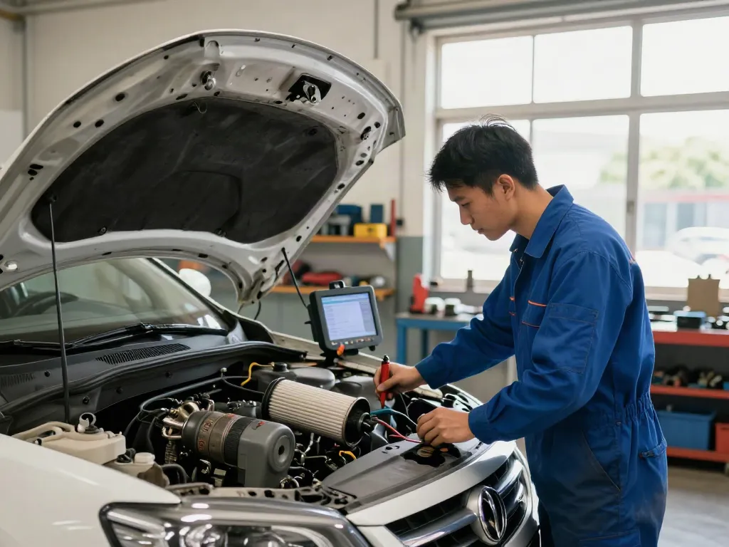 Mechaniker bei der DPF Reinigung in Hannover, professioneller Werkstattumgebung mit Werkzeugen und Fahrzeugen.