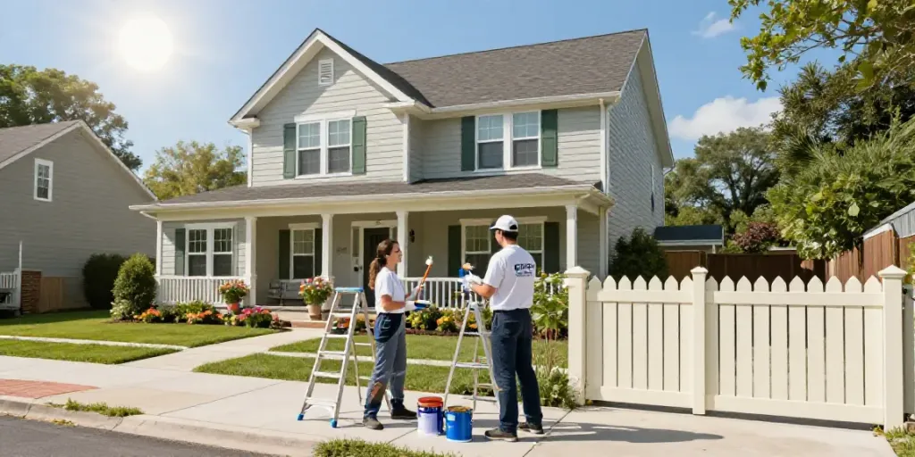 Exterior painters preparing a suburban house for a fresh coat of paint.
