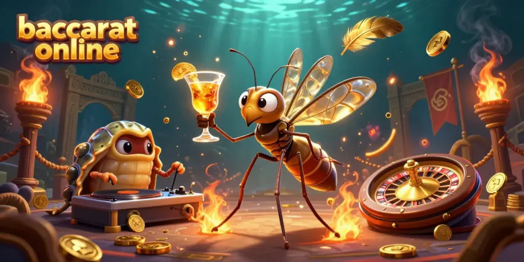Experience baccarat online in a vibrant 3D scene with colorful casino elements and engaging characters.