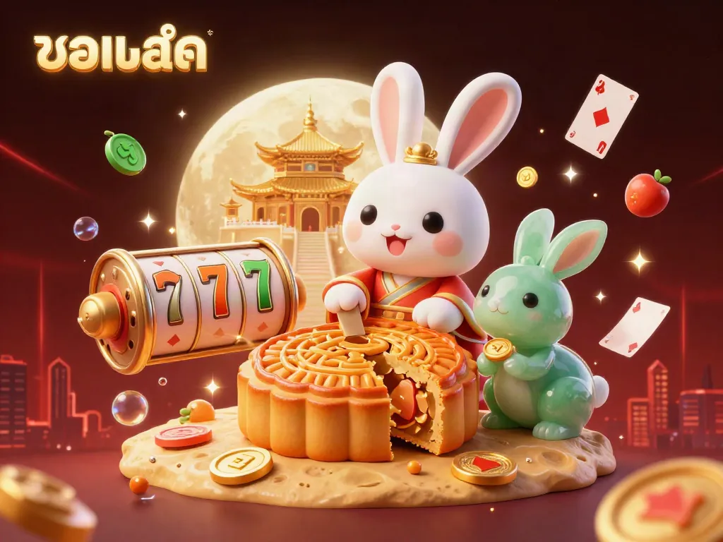 Experience a lively scene with the keyword บอลสด as a 3D moon rabbit interacts with casino elements surrounded by dazzling visuals.