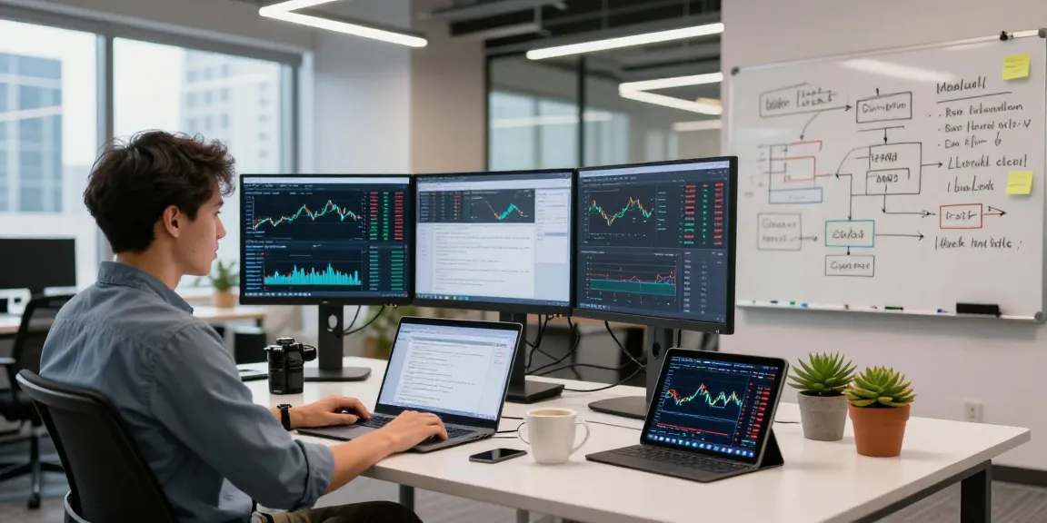 Developer analyzing algorithmic trading API data in a modern office.