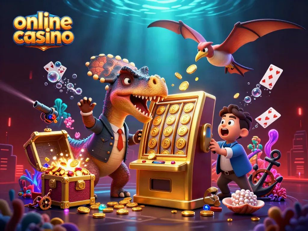 Dinámica escena de un casino online con un pachycephalosaurus ganando en la tragaperras y monedas doradas volando.