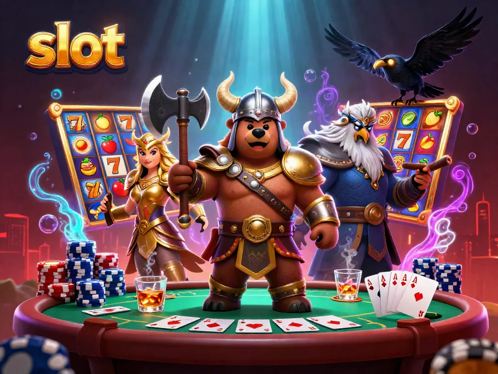 Mesin slot penuh warna dengan simbol buah dan jackpot, menciptakan kekayaan dan kesenangan di kasino.