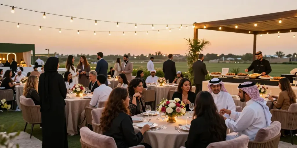 Event rentals featuring elegant outdoor setup with guests, tables, and lighting.