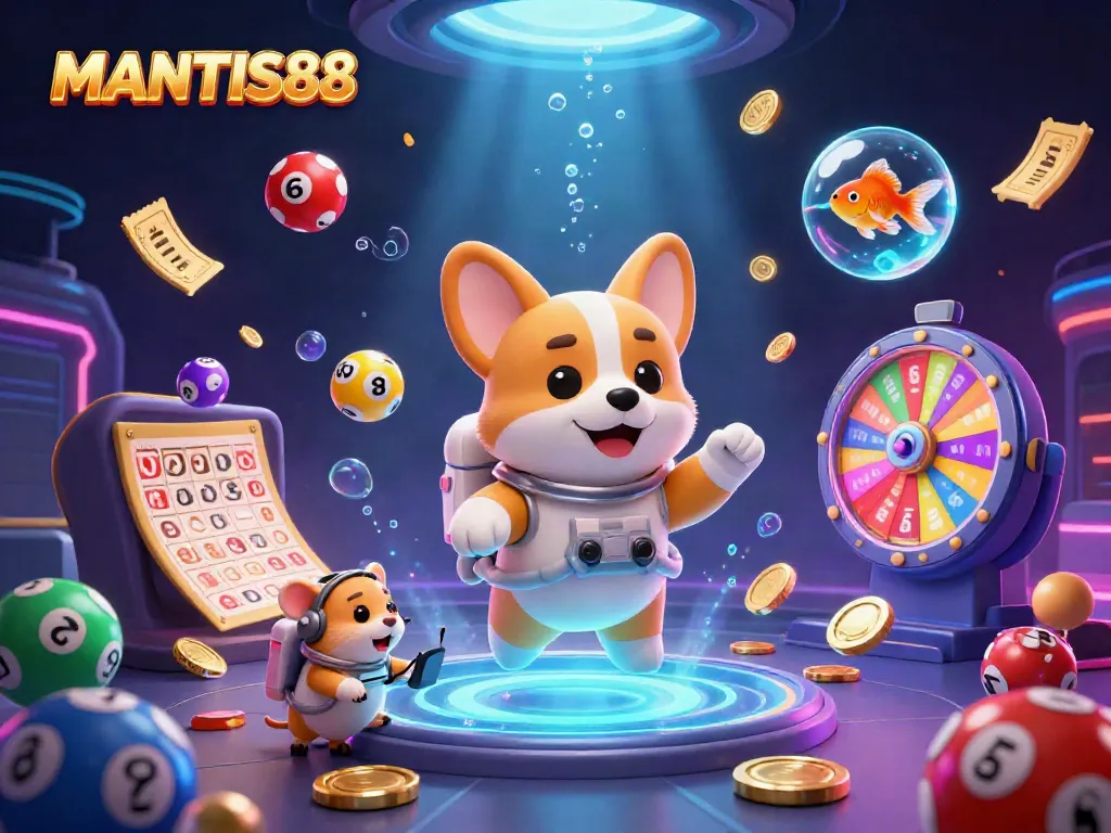 MANTIS88 offers engaging gambling with a cartoon astronaut corgi in a vibrant image of a space station casino.