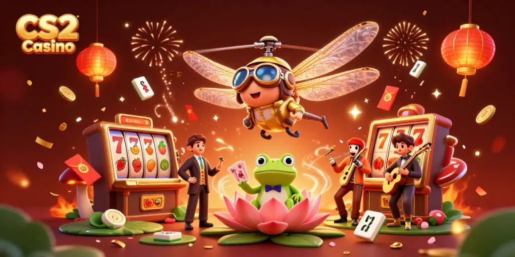 Engage in thrilling CS2 Casino games as a frog croupier deals cards beneath a dragonfly pilot.