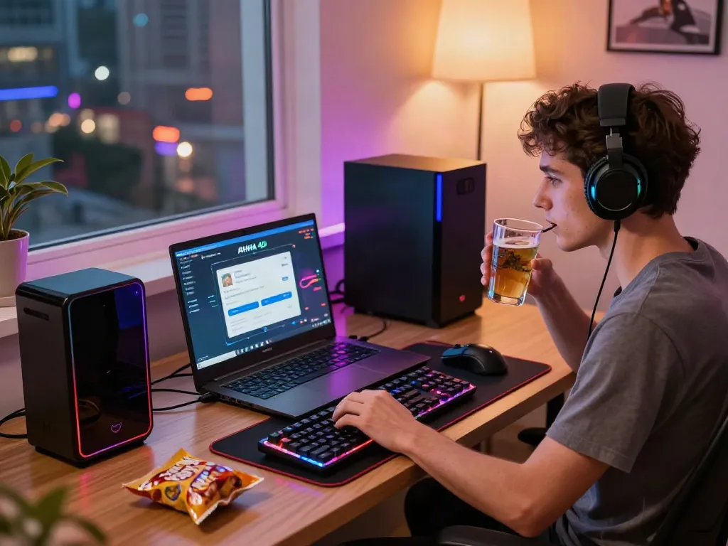 Engaging online gambling scene with AHHA 4D displayed on a gaming laptop amidst a stylish home setup.