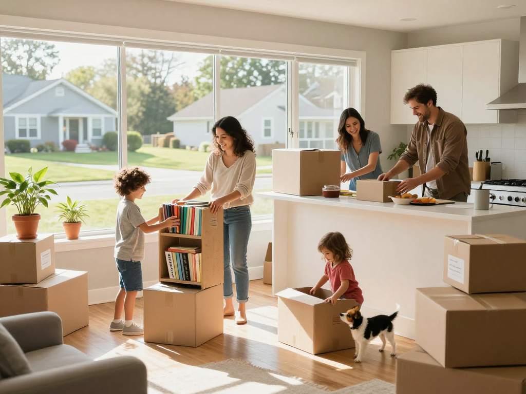 Unpacking a moving checklist during a family relocation with boxes and a cozy living room scene.