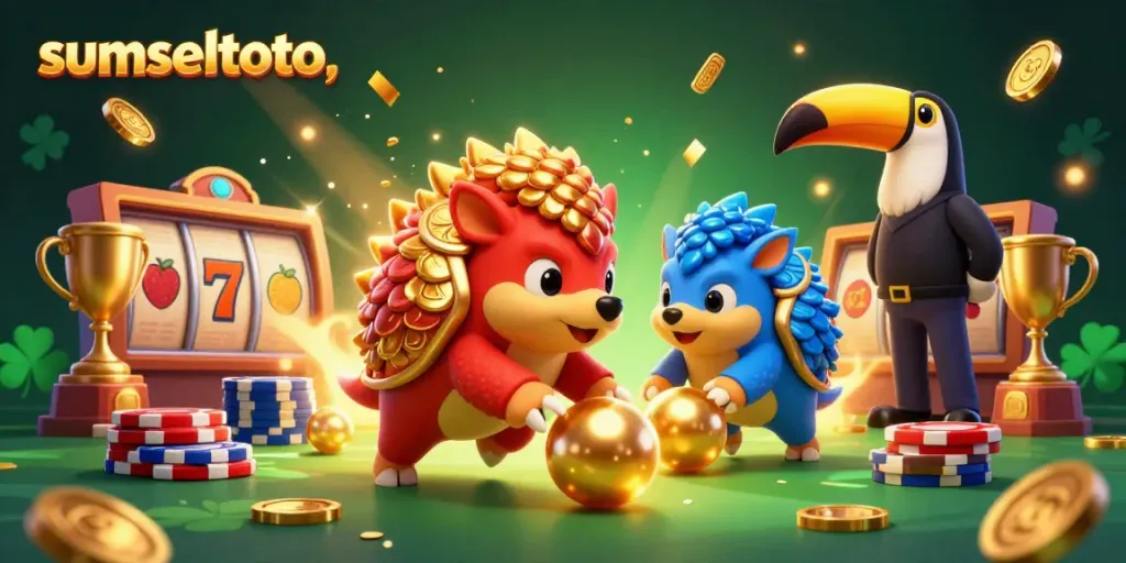 Sumseltoto features cartoon pangolins competing in a thrilling casino scene filled with slot game elements.