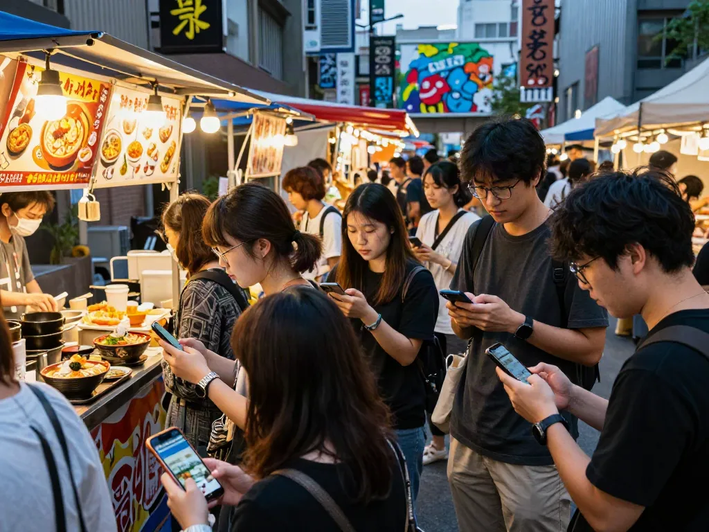 Friends enjoying Japanese video content while sharing food at a vibrant street market, embodying the spirit of jav sub indo entertainment.