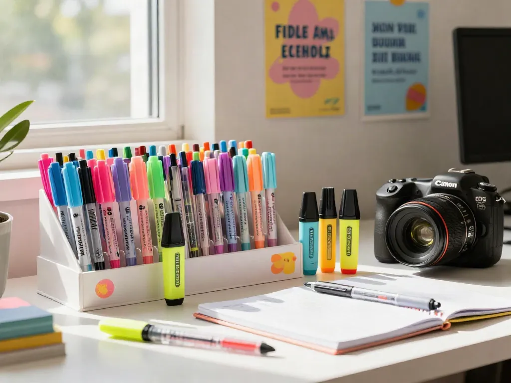 Highlighter pen supplier showcasing a vibrant array of highlighters in a creative office setting.