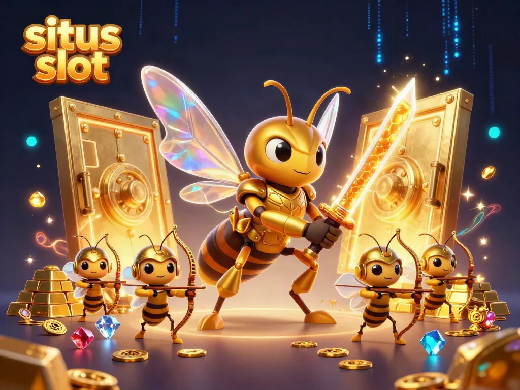 Situs slot: Explore thrilling gameplay with a golden hornet warrior and treasure-filled scene.