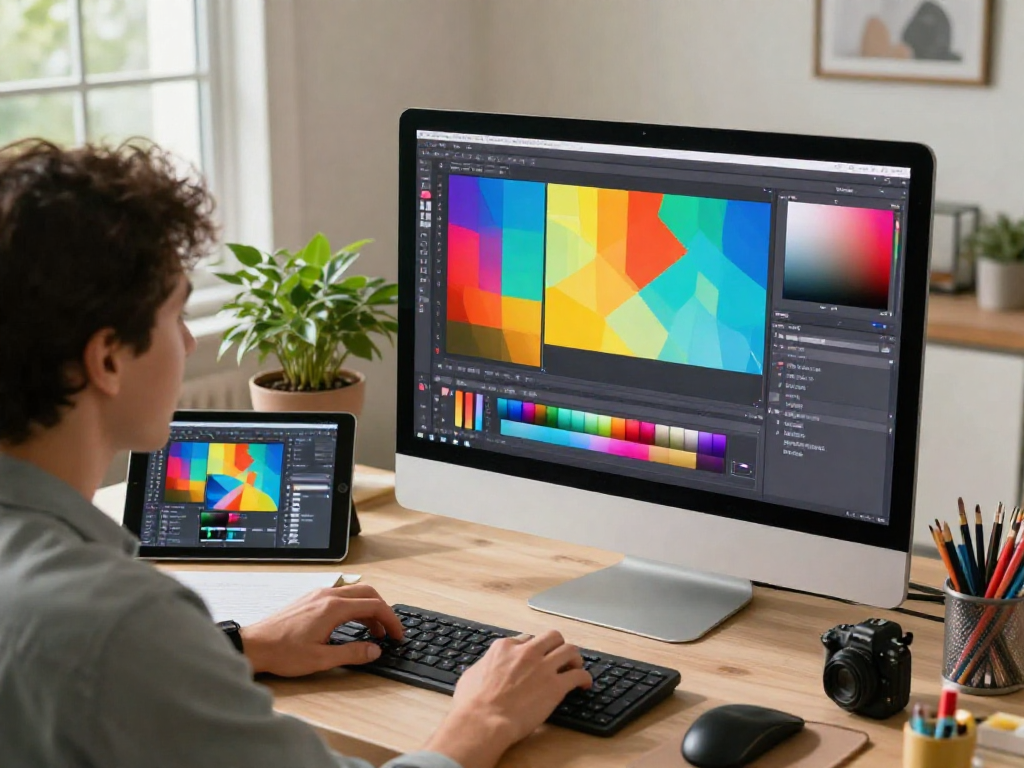 A graphic designer using the paint-bucket tool to apply vibrant colors in a modern home office environment.