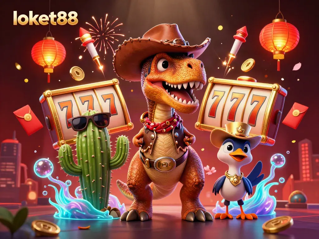 Experience thrilling gameplay at loket88 with a vibrant scene featuring characters and casino elements.