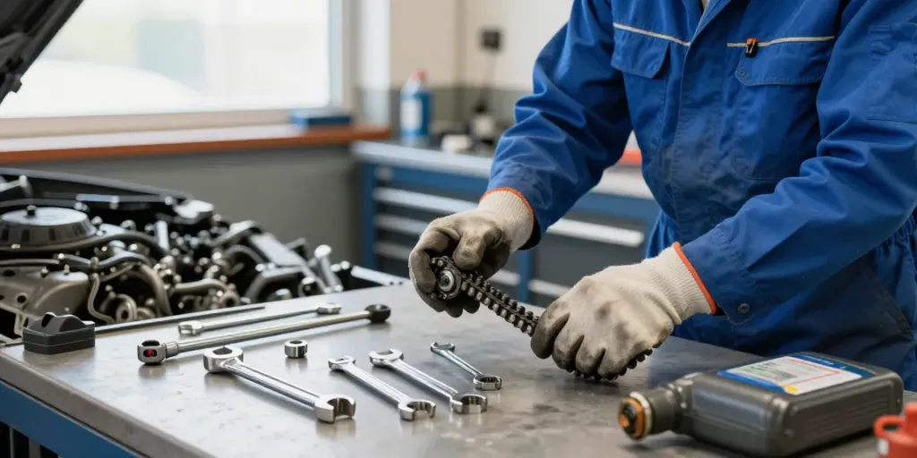 Mechaniker, der die BMW Steuerkette wechselt, mit Werkzeugen und gut beleuchtetem Werkstatt-Hintergrund.
