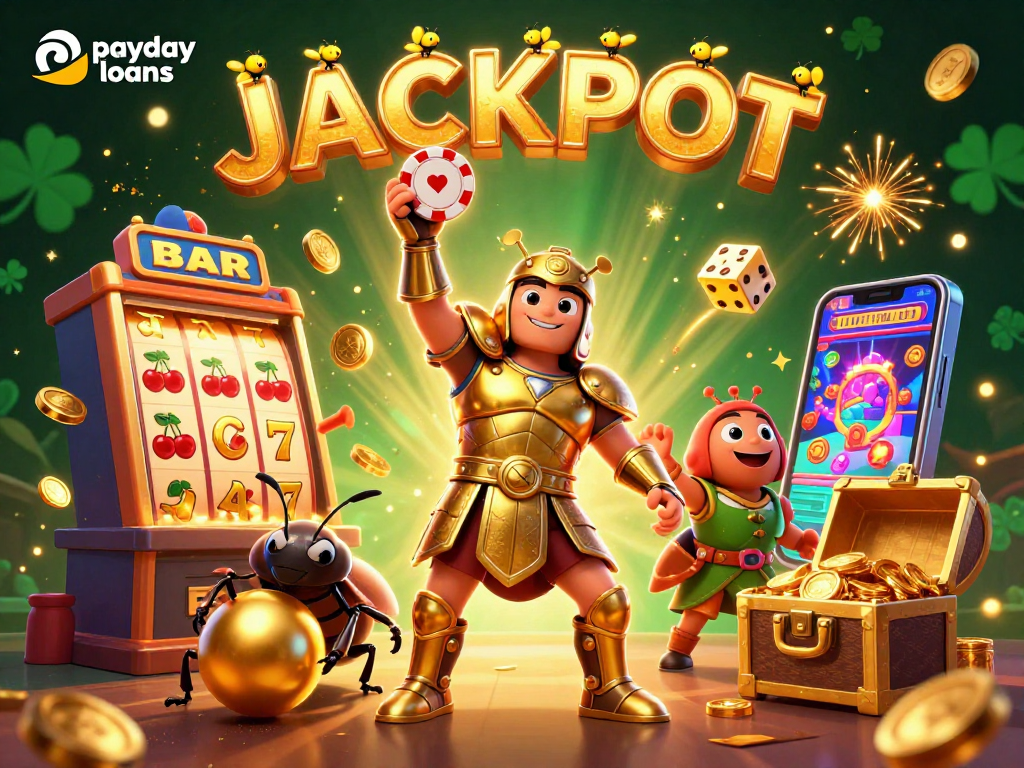 Experience payday loans action with victorious characters in a vibrant casino scene filled with excitement.