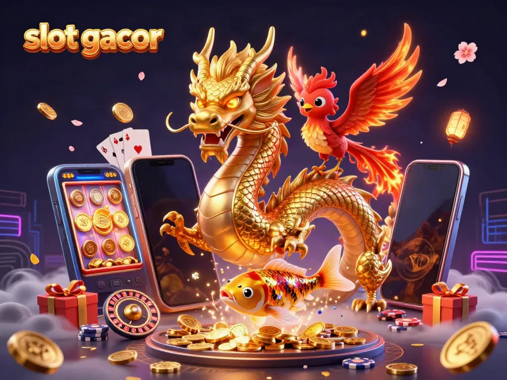 Experience slot gacor excitement with a golden dragon and phoenix surrounded by dazzling casino elements