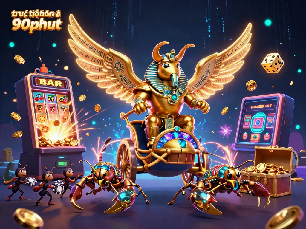 Experience thrilling trực tiếp bóng đá 90phut in an exhilarating 3D depiction featuring a golden scarab beetle and vibrant casino elements.