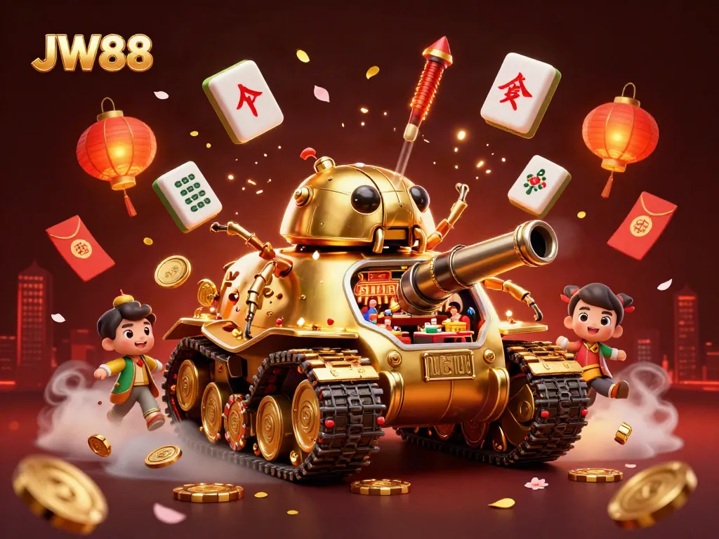Experience the vibrant world of JW88 with a dynamic 3D casino illustration showcasing a golden beetle tank filled with casino action.