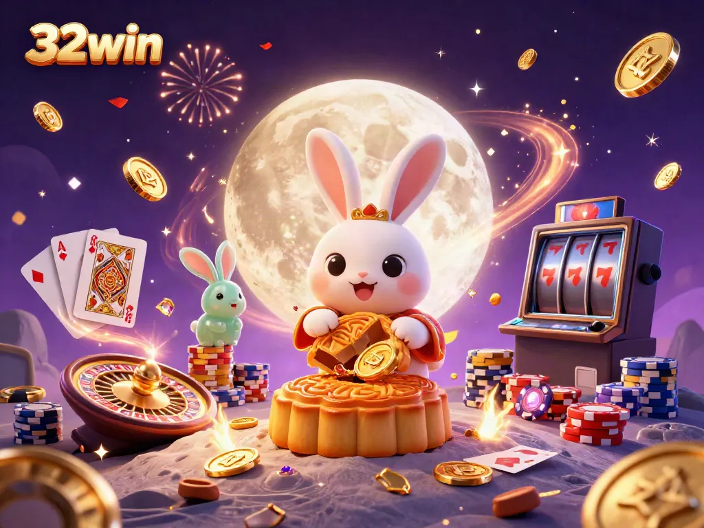 Spin and win with 32win as the moon rabbit reveals treasures hidden in golden mooncakes.