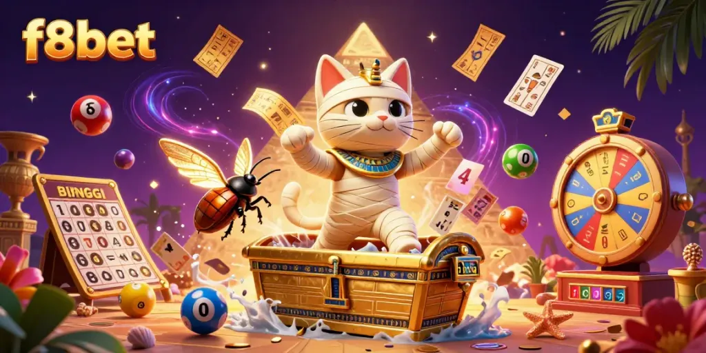 Engage with F8BET through a vibrant pyramid casino scene showcasing a cartoon Egyptian mummy cat and game elements.