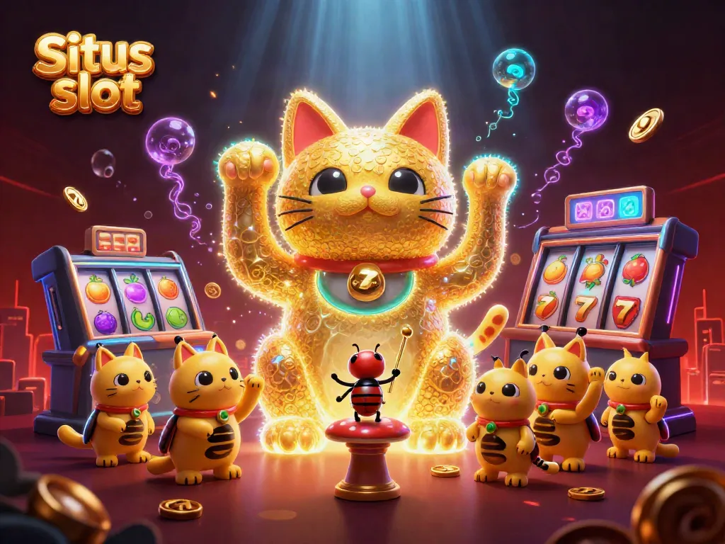 Engaging illustration of a lucky cat made of fireflies, showcasing Situs slot gaming excitement with vivid casino elements.