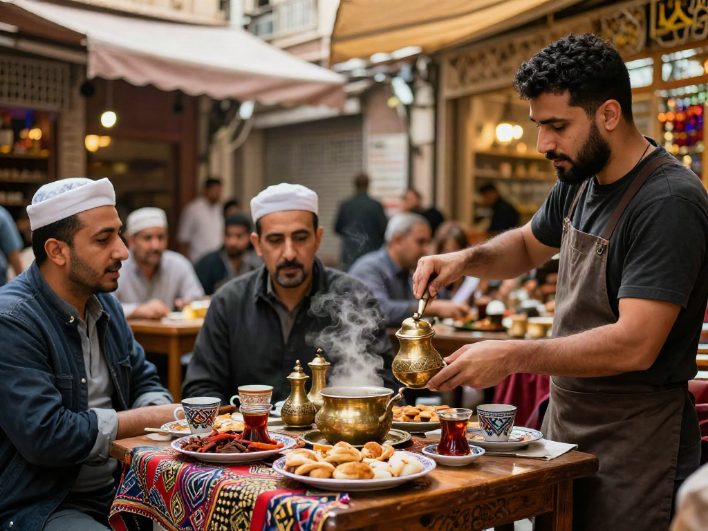 قھوجي وصبابین يُعد في مقهى تقليدي وسط بازار نابض بالحياة، مع طاولة خشبية ومشروبات مميزة.