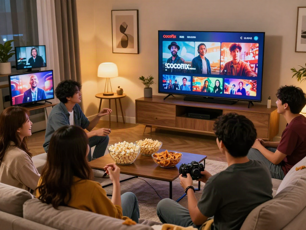 Friends enjoying movies on Cocoflix in a cozy living room with snacks and warm lighting.