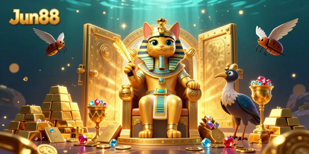 Experience Jun88's online gaming realm with a vibrant scene of treasures and characters.