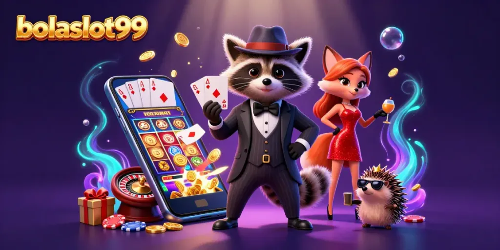 Bolaslot99 slot enthusiasts revel in colorful games and royal flush victories in vivid 3D illustration.