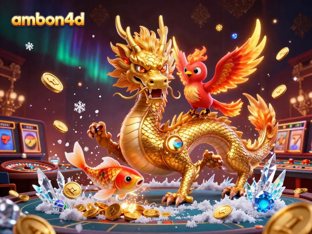 Experience thrilling wins with ambon4d's vibrant casino scene showcasing a golden dragon, phoenix, and koi fish.