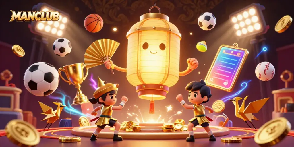 Engage in the excitement of MANCLUB with a rich casino scene filled with sports-themed elements and glowing characters.