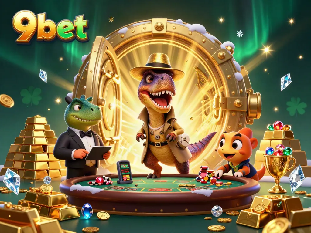 Vibrant 3D cartoon illustration depicting 9bet's lively casino scene with vibrant characters and gold treasures.