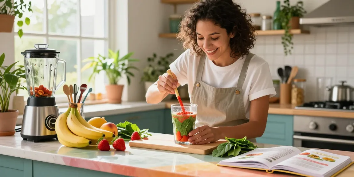 Vegan astaxanthin smoothie preparation in a sunny kitchen with fresh fruits and vibrant colors.