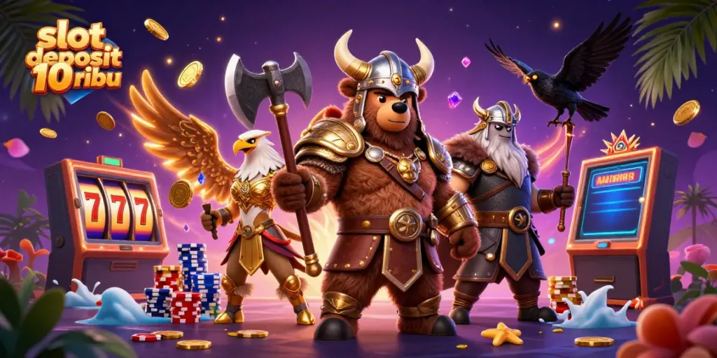 Spin the slot deposit 10 ribu with a Viking bear, Valkyrie eagle, and glowing runes in a dynamic casino scene.
