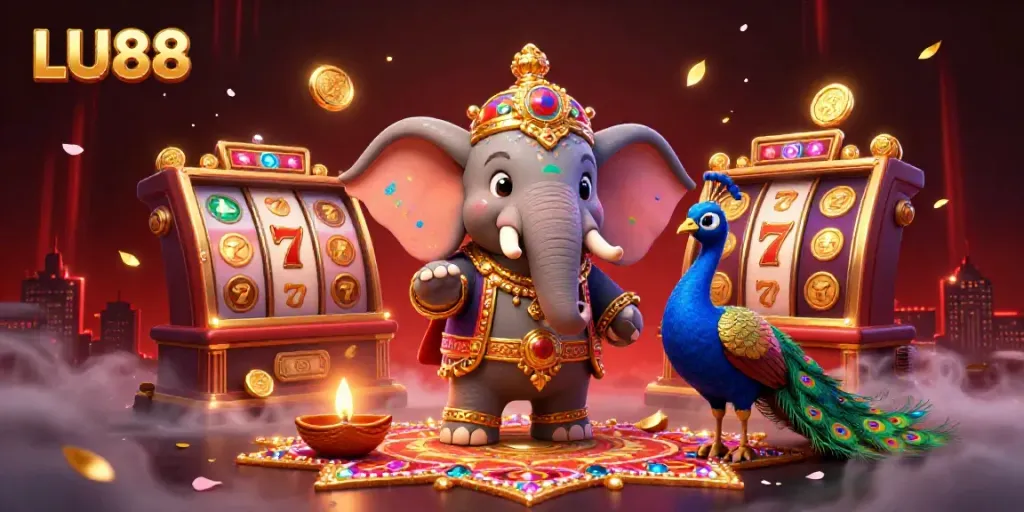 Engage within the vibrant world of LU88, featuring a dazzling animated elephant and peacock amidst rich casino elements.