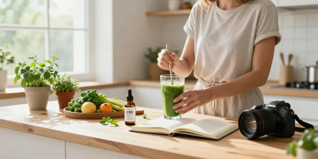 Explore wholesale cigarette online while enjoying a calming CBD-infused morning smoothie in a bright modern kitchen filled with natural light.