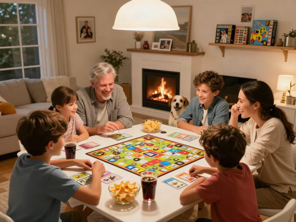 Family enjoying game night with board games and snacks