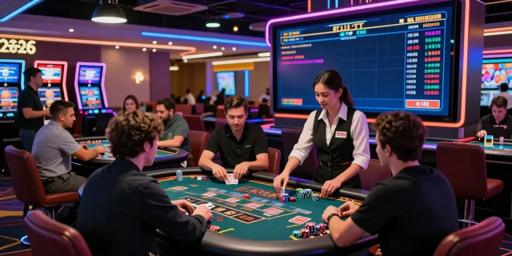 Players enjoying live casino games at QQMacan, showcasing vibrant atmosphere and real-time RTP metrics.